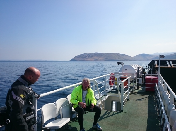 Dave and Adam having a chin wag about all things two wheeled on the ferry from the Isle of Arran to Kintyre